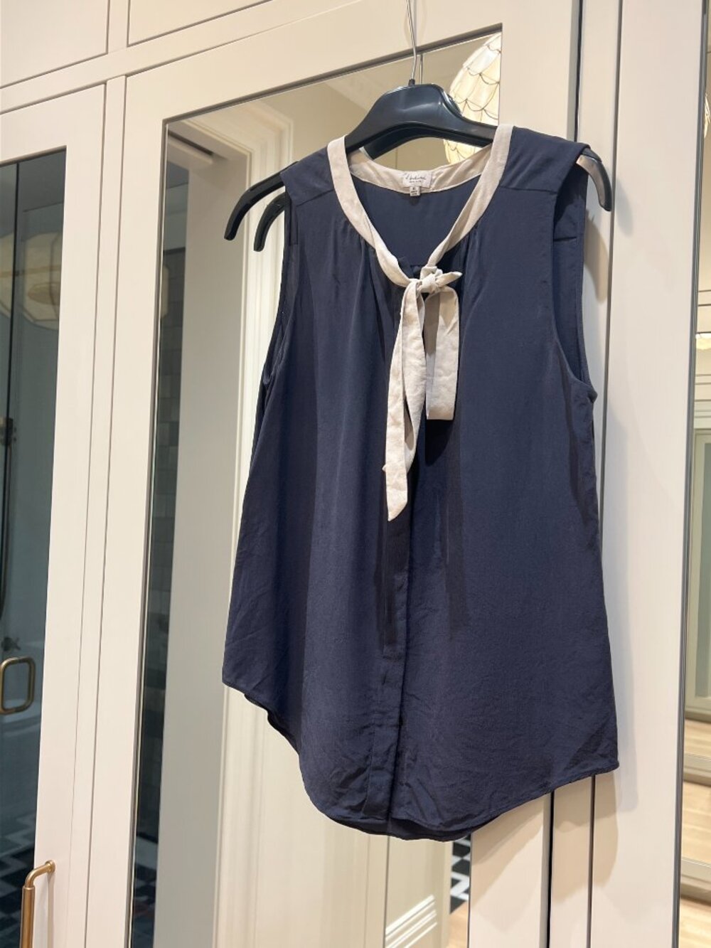 Aritzia 100% Silk Navy Blue Blouse with White Neck Detail